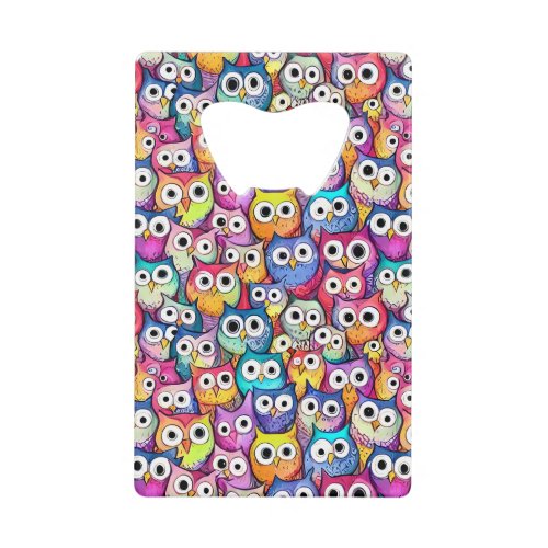 Owl faces whimsical cartoon birds colorful pattern credit card bottle opener