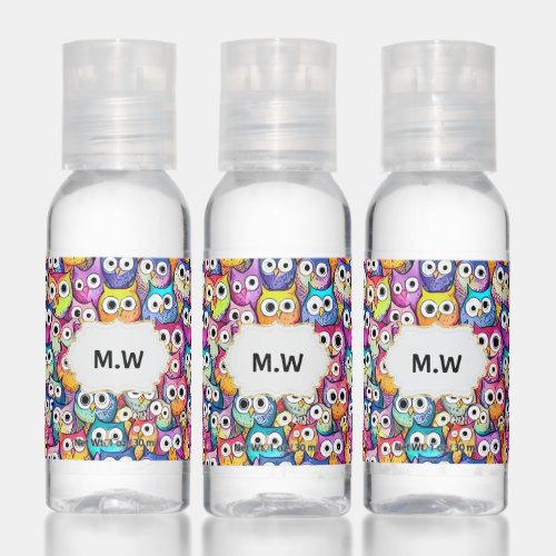 Owl faces whimsical cartoon birds pattern monogram hand sanitizer