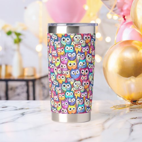 Owl faces whimsical collage cartoon birds pattern insulated tumbler