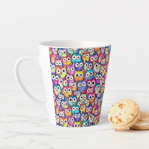 Owl faces whimsical collage cartoon pattern coffee latte mug