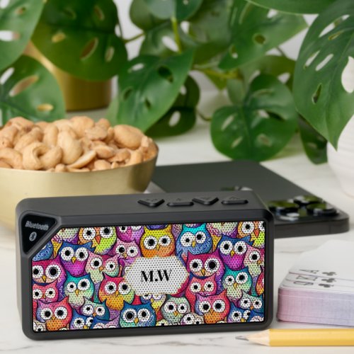 Owl faces woodland birds pattern monogram cool bluetooth speaker