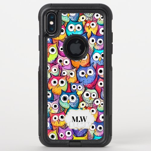 Owl faces woodland birds pattern monogram funny OtterBox commuter iPhone XS max case