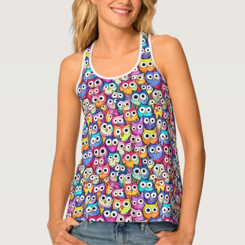 Owl faces woodland birds pattern monogram womens tank top