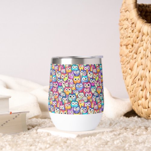 Owl faces woodland whimsical cartoon birds pattern thermal wine tumbler