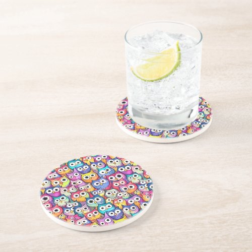 Owl faces woodland whimsical cartoon pattern bar coaster