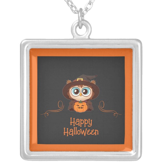Owl/Fall/Autumn/Halloween/pumpkin Silver Plated Necklace (Front)