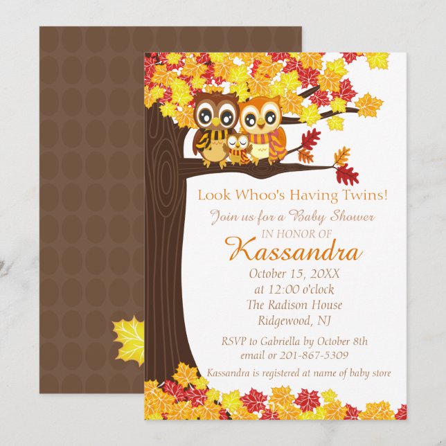 Owl Family In Tree Twins Baby Shower Invitation (Front/Back)