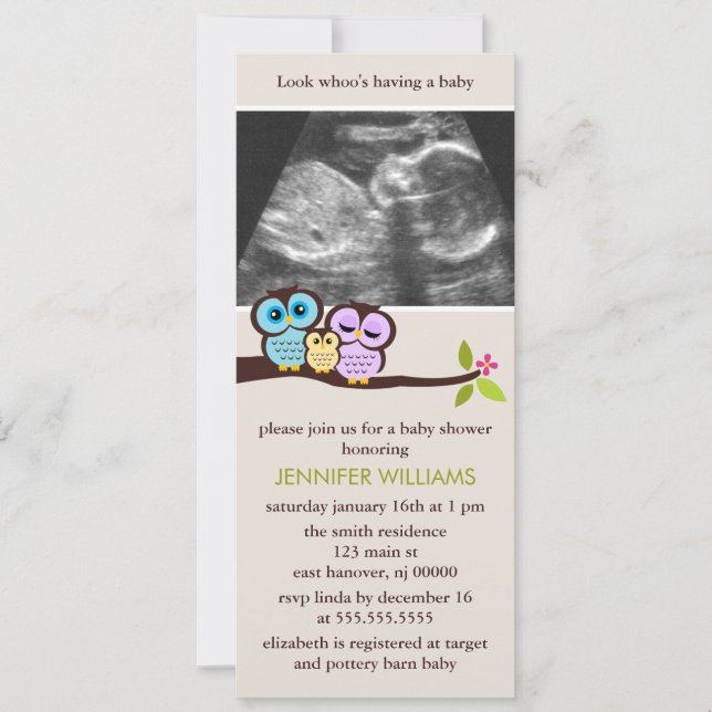 Owl Family Sonogram Photo Baby Shower Invitations (Front)
