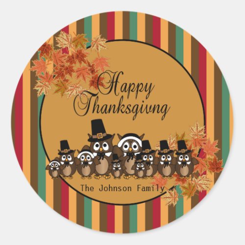 Owl Family Thanksgiving Classic Round Sticker