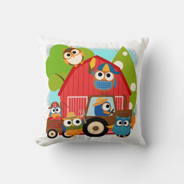 Owl Farmers Throw Pillow (Front)