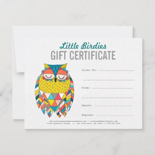 Owl Fashion Business Gift Certificate Template