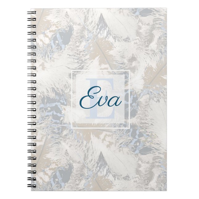 owl feathers are gray beige blue bird boho notebook (Front)
