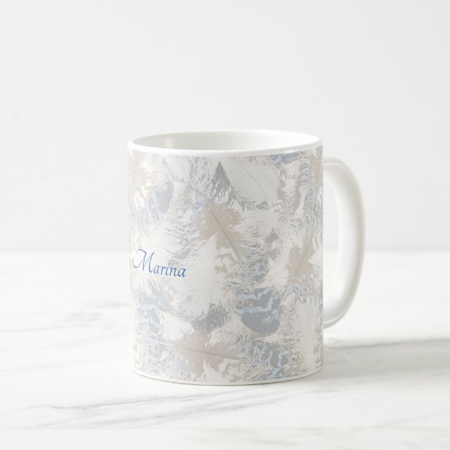 owl Feathers, gray, beige and blue, bird, light, Coffee Mug (Front Right)