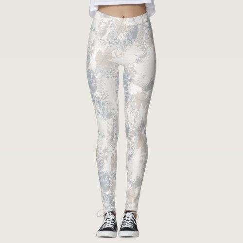 owl Feathers gray beige and blue bird light  Leggings