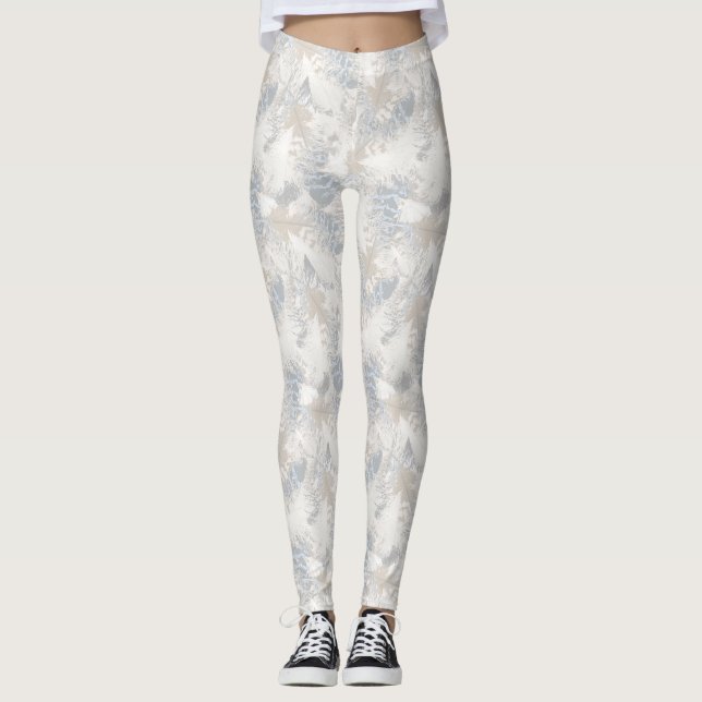 owl Feathers, gray, beige and blue, bird, light, Leggings (Front)