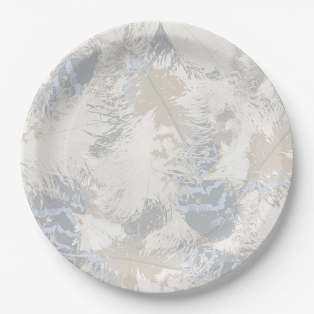 owl Feathers, gray, beige and blue, bird, light, Paper Plates (Front)