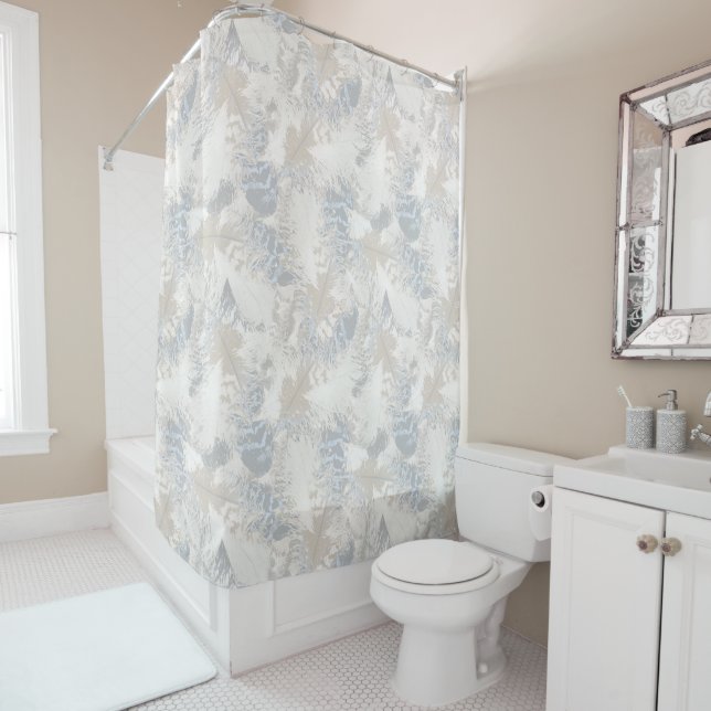 owl Feathers, gray, beige and blue, bird, light, Shower Curtain (In Situ)