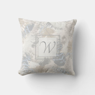 owl Feathers, gray, beige and blue, monogram Throw Pillow
