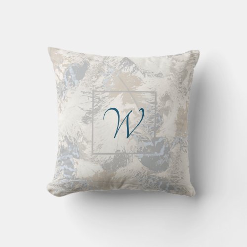 owl Feathers gray beige and blue monogram Throw Pillow