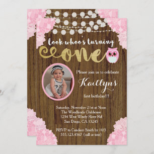 Owl First Birthday Girl Photo Invitation