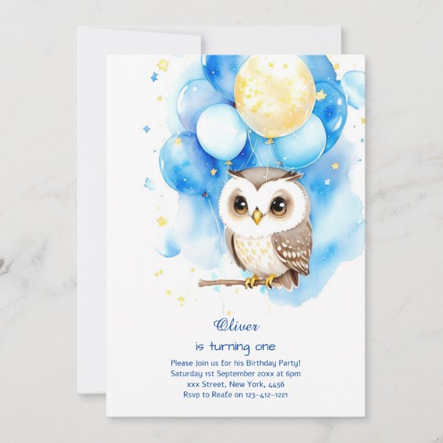 Owl First Birthday Invitation (Front)