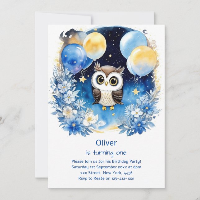 Owl First Birthday Invitation (Front)