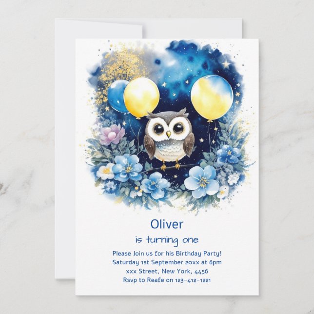 Owl First Birthday Invitation (Front)