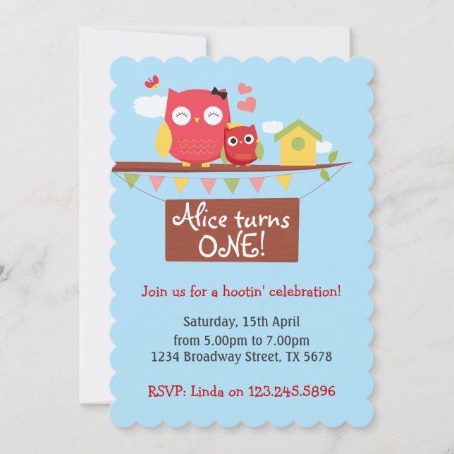 Owl first birthday invitation (Front)