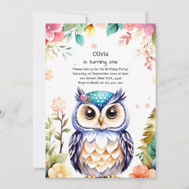 Owl First Birthday Invitation (Front)