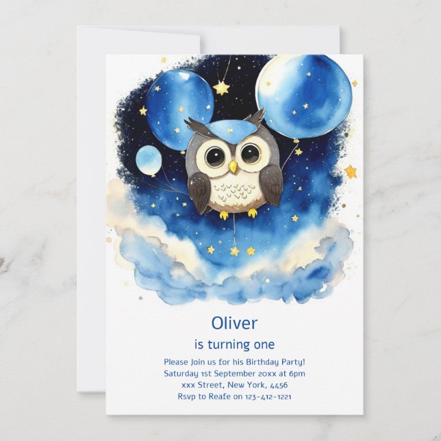 Owl First Birthday Invitation (Front)
