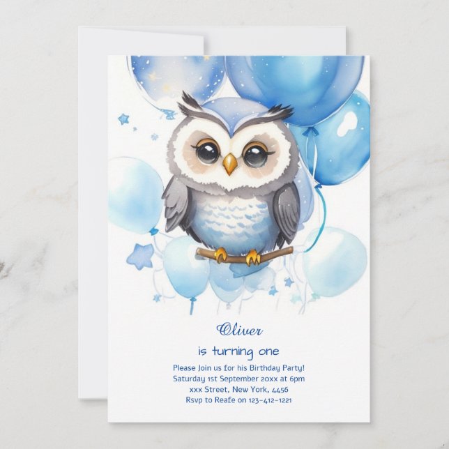 Owl First Birthday Invitation (Front)