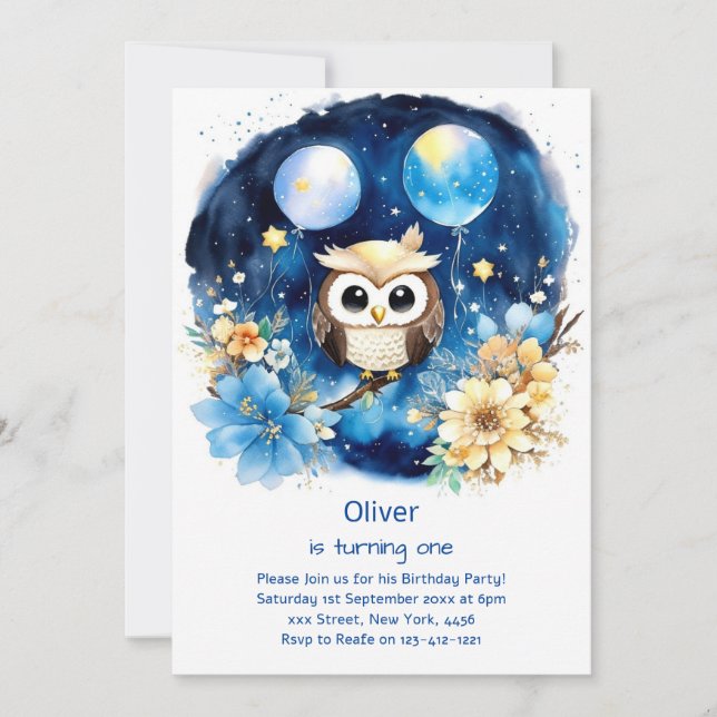 Owl First Birthday Invitation (Front)