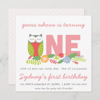 Owl first birthday invitation