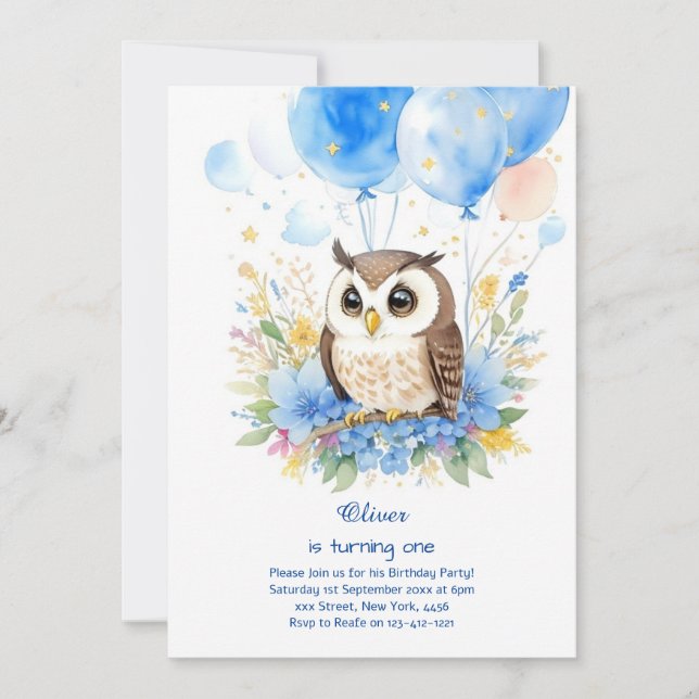 Owl First Birthday Invitation (Front)