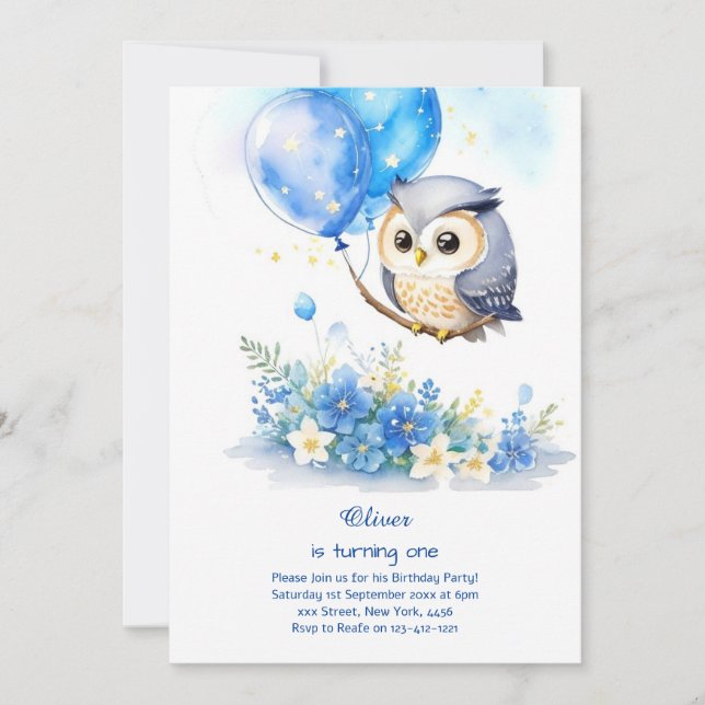 Owl First Birthday Invitation (Front)