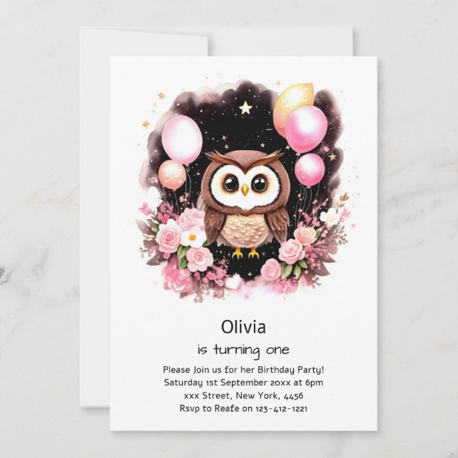 Owl First Birthday Invitation (Front)