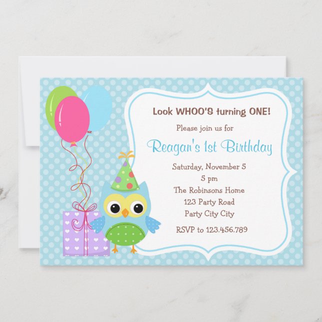 Owl First Birthday Invitations for Boys (Balloons) (Front)