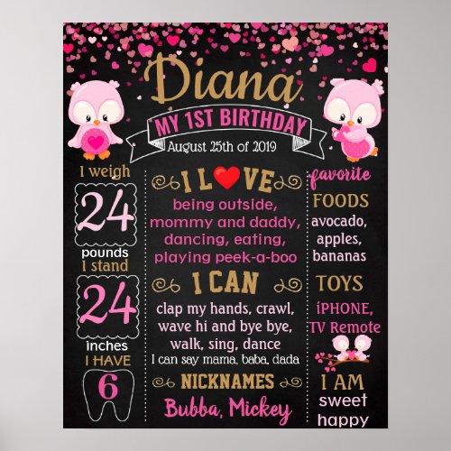 Owl First Birthday part chalkboard sign for a girl