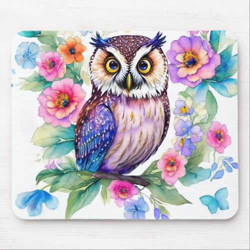 Owl Floral Artistic Watercolor Mouse Pad