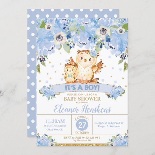 Owl Floral Baby Shower Blue Flowers Baby Boy Invitation