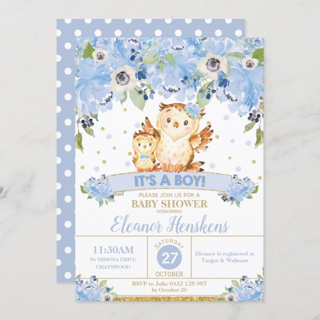 Owl Floral Baby Shower Blue Flowers Baby Boy Invitation (Front/Back)