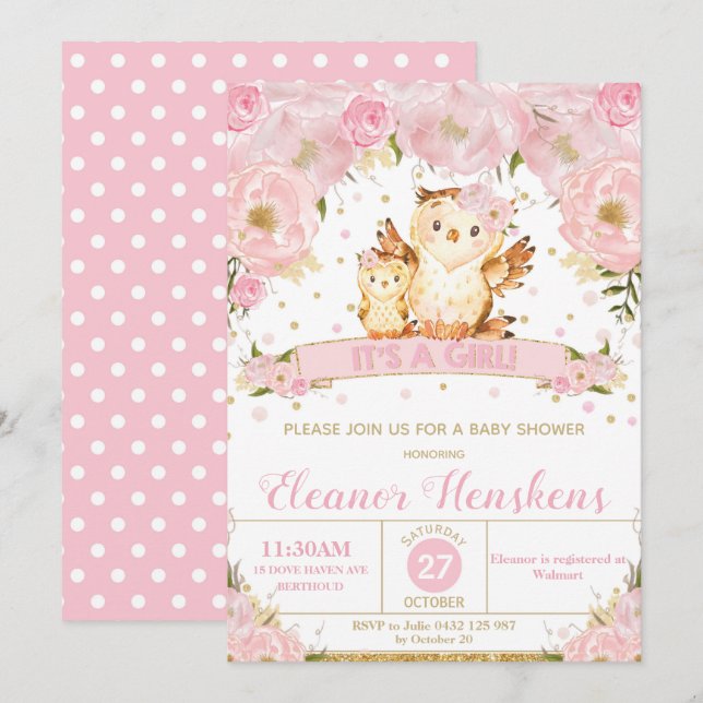 Owl Floral Baby Shower Invitation Girl (Front/Back)