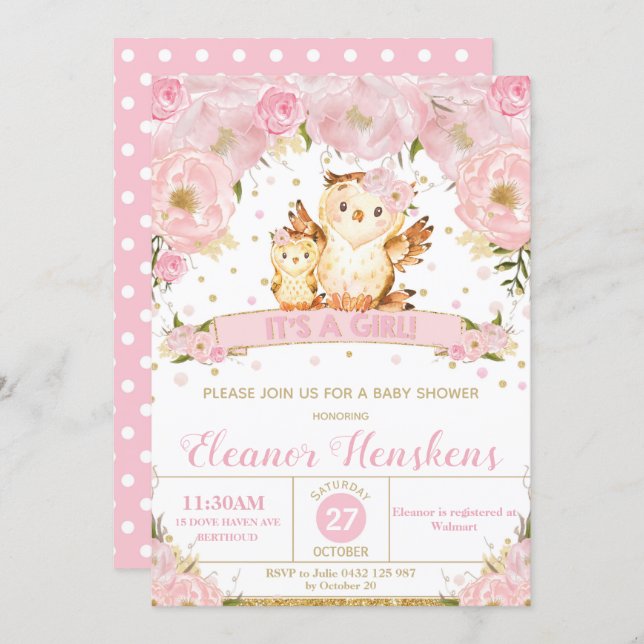 Owl Floral Baby Shower Invitation Girl (Front/Back)
