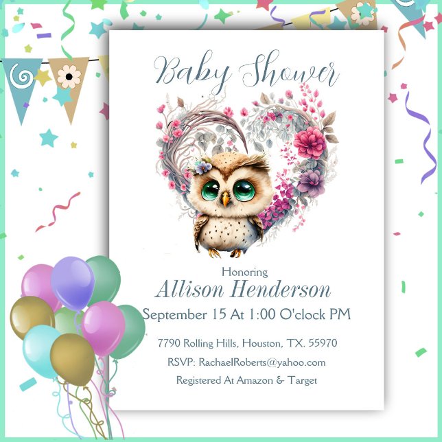 Owl Floral Wreath  Baby Shower Invitation (Creator Uploaded)