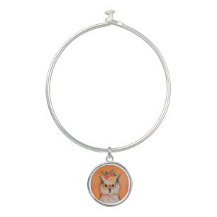 Owl & Flowers Bangle Bracelet With Round Charm