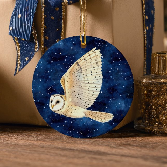 Owl Flying Across Starry Night First Xmas Photo Ceramic Ornament (Creator Uploaded)