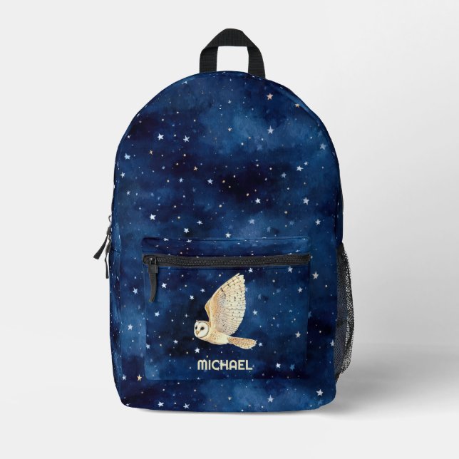 Owl Flying Across Starry Night Watercolor Name  Printed Backpack (Front)