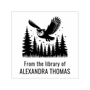 Owl Flying Angled View Fir Trees Library Book Name Self-inking Stamp