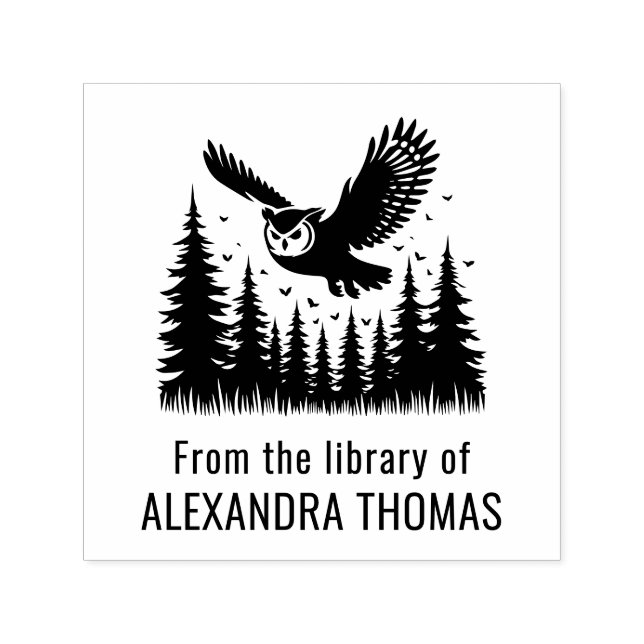 Owl Flying Angled View Fir Trees Library Book Name Self-inking Stamp (Design)