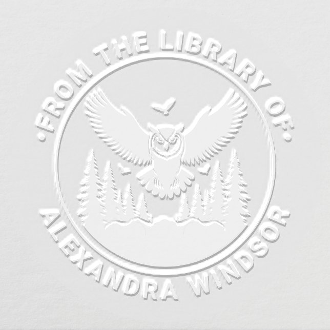 Owl Flying Front View, Fir Trees Library Book Name Embosser (Design)